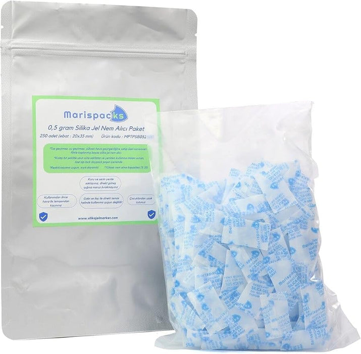 Marispacks 0,5 g adet silikajel nem alıcı paket  (aihua paper, aluminyum doypack ambalajda)